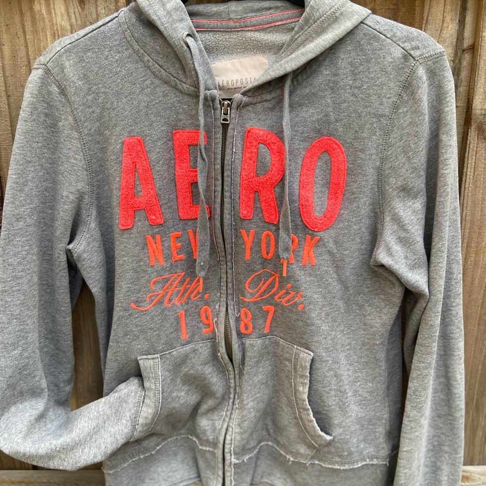 Y2k Aeropostale Grey & Pink Distressed Embroidered Zip Up Hoodie LG - Picture 3 of 5